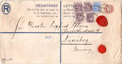 GB 1903, 4x6+2 1/2d on large 3d registration stationery envelope to Bavaria
