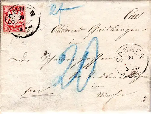 Bayern 1879, EF 10 Pf. WZ "weite Welle" auf Porto Brief m. K1 SONNEN