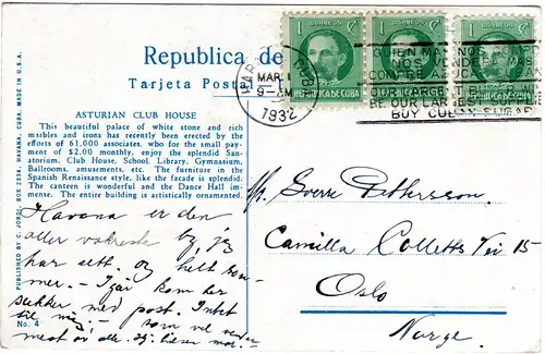 Cuba, Habana Asturian Club House, 1932 v. Havanna n. Norwegen gebr. sw-AK