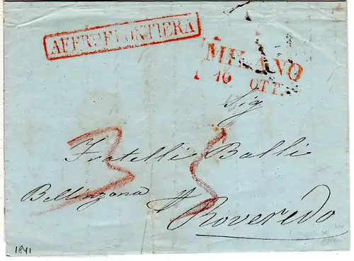 Lombardei & Venetien 1841, R1 AFFRta. FRONTIERA auf Brief v. MILANO n. Roveredo.
