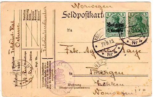 Dt. Besetzung Belgien 1915, Mischfr. m. 5 Pf. DR auf Auslands Karte n. Norwegen