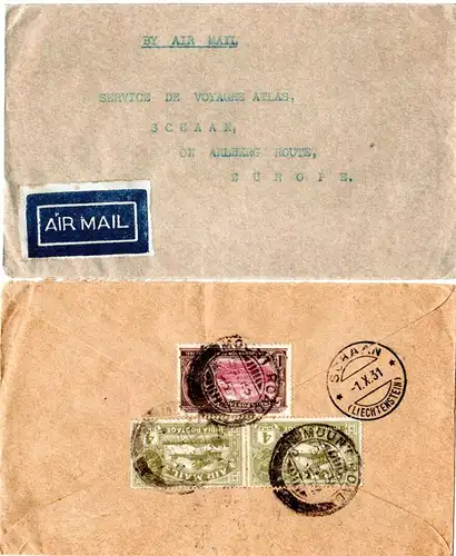 Indien 1931, 3 Marken rücks. auf Luftpost Brief v. Chennai n. Liechtenstein!