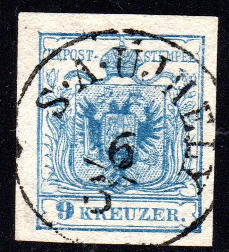 Österreich, breitrandige 9 Kr. m. zentrischem u. klarem Ungarn-K1 S.A. UJHELY