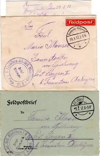 Bayern 1917, 2 Feldpost Briefe Inf.Batl. MINDELHEIM aus Rumänien