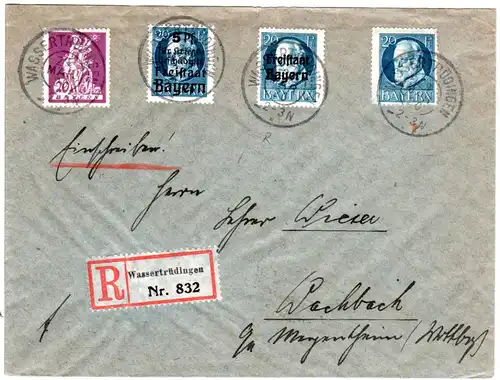 Bayern 1920, Reservestpl. WASSERTRÜDINGEN R auf Einschreiben Brief m. 4x20 Pf.
