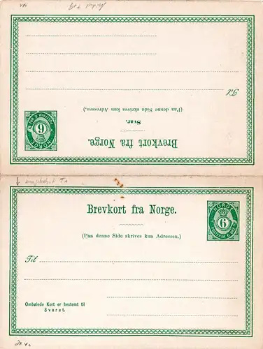 Norwegen P19, ungebr. 6 öre Doppel Ganzsache m. Variante "umgedr. 1. T-Ornament"