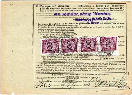 DR 1926, 4x100+40+50 Pf. vs.+rs. auf Paketkarte v. DRESDEN 29 n. Norwegen