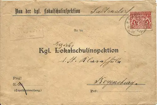 Bayern 1918, Posthilfstelle Saltendorf Taxe Teublitz auf Brief m. Bahnpost Stpl.
