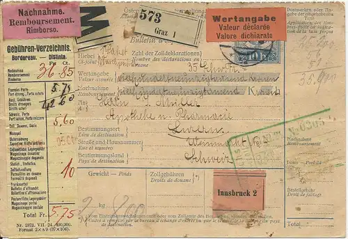 Österreich 1924, 10 H. Paket Ganzsache per Wert Nachnahme v. Graz i.d. Schweiz