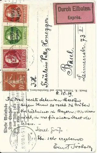 Bayern 1919, Mischfrankatur auf Eilboten AK v. Würzburg m. int. diesbezgl. Text!