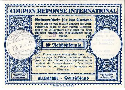 DR 1944, 25/30 Pf. Überdruck IAS m. Stpl. DONAUWÖRTH. Coupon-Response Internat.