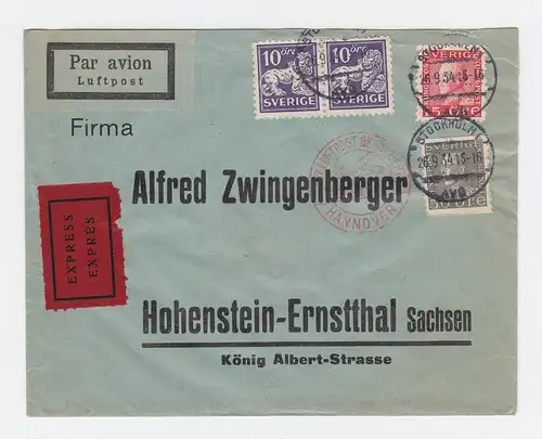Schweden 1934, Luftpost Express Brief m. dt. Bestätigungsstempel v. Hannover