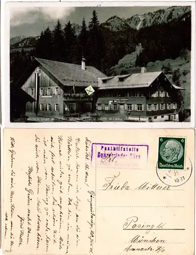 DR 1935, Posthilfstelle GUNZESRIEDER SÄGE Taxe Gunzesried auf sw-AK m. 6 Pf.