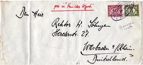 NL Indien 1929, 5+10 C. auf Brief m. viol. Schiffspost Stpl. SS VAN DER WIJCK