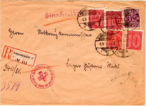 DR 1921, Rotes Kreuz Dienst Einschreiben Brief v. Schneidemühl m. 5 Dienstmarken