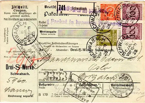 DR 1926, 40+50+2x100 Pf. auf Paketkarte v. Schwabach n. Norwegen.