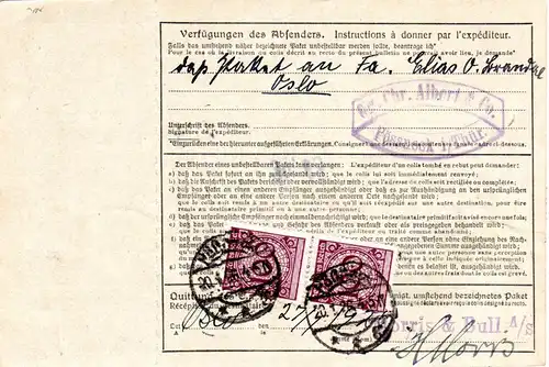 DR 1926, 10+50+rücks. 2x100 Pf. auf Paketkarte v. Pößneck n. Norwegen.