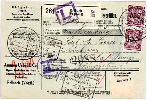 DR 1925, 2x100+rs. Paar 30 Pf. auf Paketkarte v. Erlbach i. Vogtland n. Norwegen