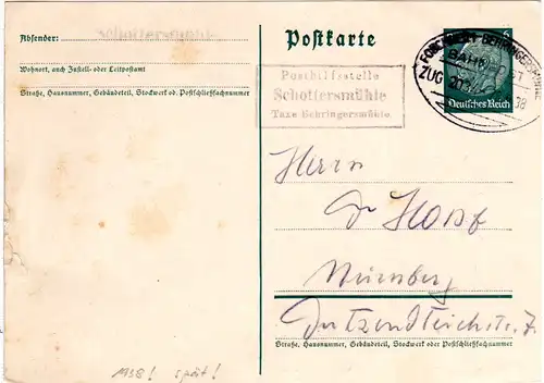 DR 1938, später Bayern Posthilfstellen-R3 SCHOTTERSMÜHLE auf 6 Pf. Ganzsache. 