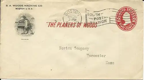 USA 1913, illustrated 2 C. stationery envelope The Planers of Wood from Boston