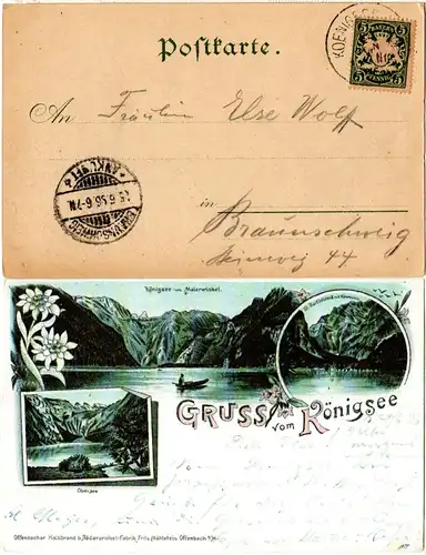 Bayern 1896, Saison-Postamt-K1 KÖNIGSSEE i.Obb. auf Litho-AK m. 5 Pf.