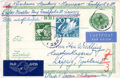 Schweden 1937, 5+20 öre Zusatzfr. auf 5 öre Ganzsache per Luftpost n. Leipzig.