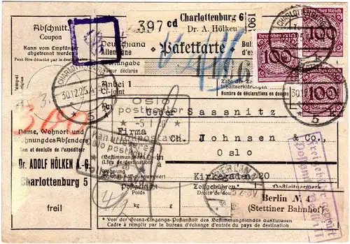 DR 1925, MeF 3x100 Pf. auf Paketkarte v. Charlottenburg n. Norwegen. 