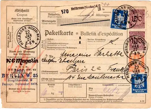 DR 1927, 2x20+50+2x100 Pf. auf Paketkarte v. Heilbronn n. Frankreich.