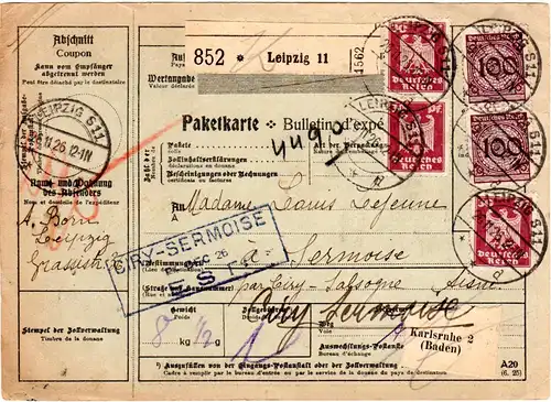 DR 1926, 3x30+2x100 Pf. auf Paketkarte v. Leipzig n. Frankreich.