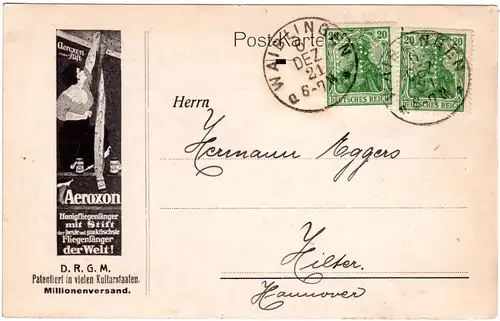 DR 1921, MeF 2x20 Pf. Germania m. perfin auf Firmen Karte v. Waiblingen