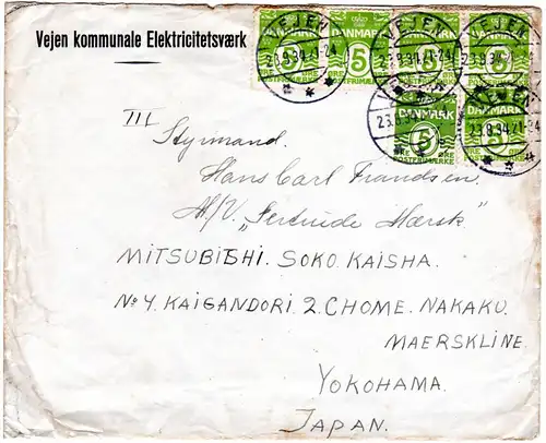 Dänemark 1934, MeF 6x5 öre auf Brief v. VEJEN n. Japan.