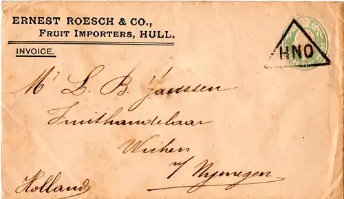GB 1907, 1/2d Privat Ganzsache Brief v. Hull m. Stpl. HNO n. NL