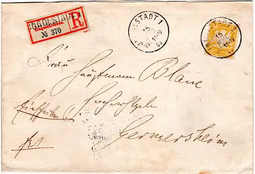 Bayern 1903, EF 40 Pf. auf Einschreiben Brief v. INGOLSTADT m. eingest. R-Zettel