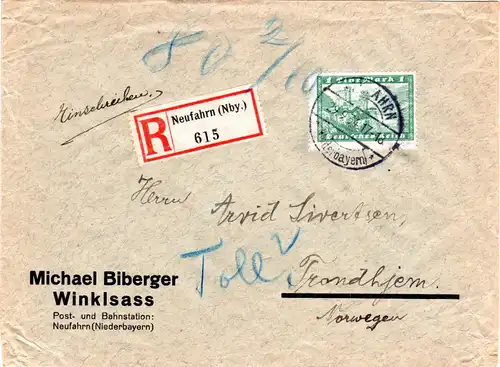 DR 1934, EF 1 Mk. m. liegendem WZ auf Reko Brief v. Neufahrn n. Norwegen 