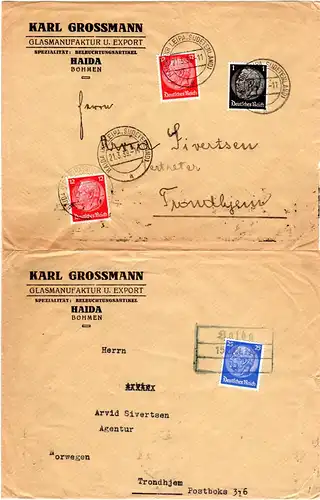 DR 1939, 2 Briefe m. versch. HAIDA Sudeten Stempeln n. Norwegen