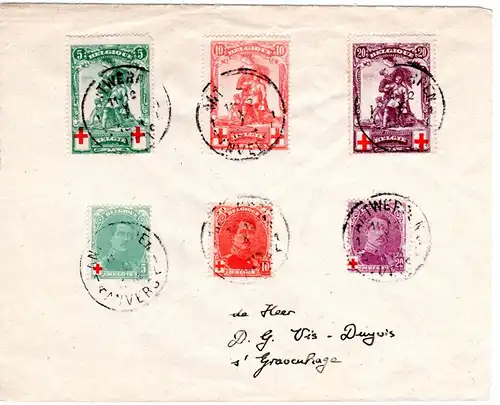 Belgien 1914, Rotes Kreuz Ausgabe, 6 Werte kpl. auf Brief v. Antwerpen