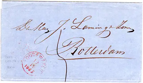 NL 1865, roter K1 OUDEWATER auf Porto Brief n. Rotterdam