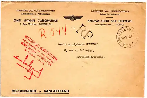 Belgien 1950, portofreier Reko Brief des Ministeriums f. Luftfahrt v. Brüssel