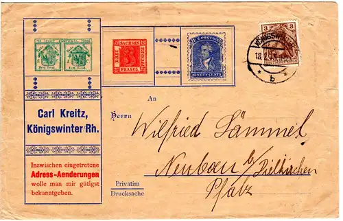 DR 1915, 3 Pf. Germania auf illustriertem Brief v. Königswinter m. Sachsen-Drei