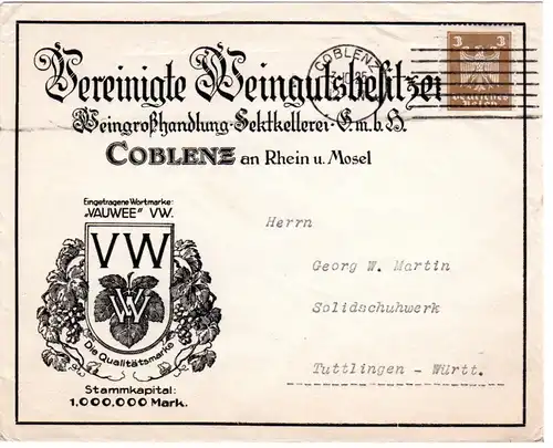 DR 1925, 3 Pf. auf attraktivem Umschlag Vereinigte Weingutsbesitzer Koblenz