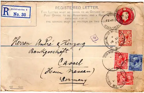 GB 1922, 4 Marken Zusatzfr. auf großem Reko Ganzsache Brief v. Bexhill-on-Sea 6