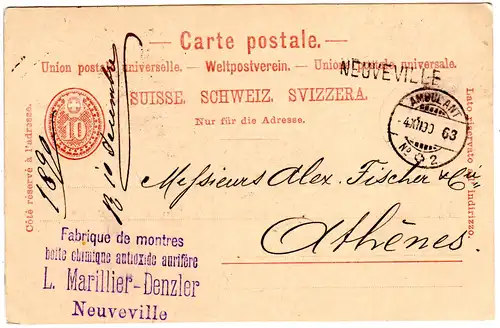 Schweiz 1890, L1 NEUVEVILLE u. Ambulant No.2 auf 10 C. Ganzsache n.Griechenland
