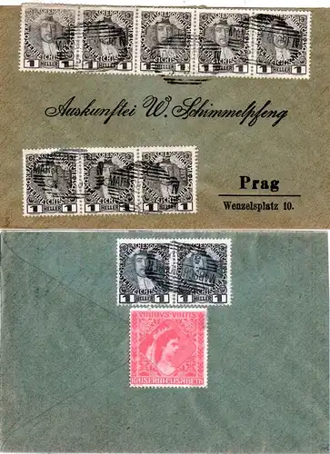 Österreich 1907, MeF 10x1 H. vorder- u. rs. auf Brief m. Stpl. MARSCHENDORF
