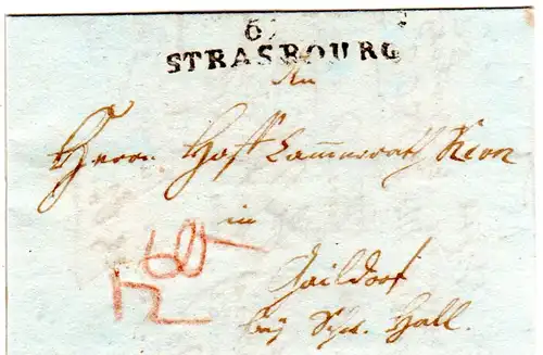 Frankreich 1802, L2 62 STRASBOURG auf kl. Porto Brief n. Gaildorf, Württemberg