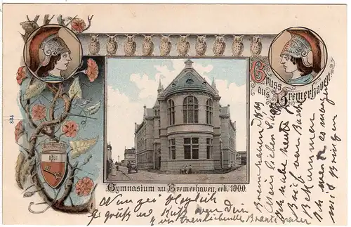 Gruss aus Bremerhaven, Gymnasium, 1903 gebr. Litho-AK m. Wappen u. Eulen