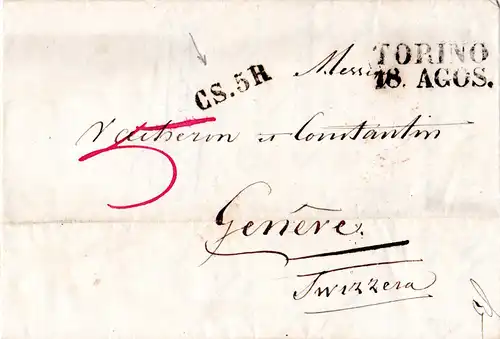 Italien, Sardinien 1847, L2 TORINO u. CS.5R  auf Porto Brief i.d. Schweiz