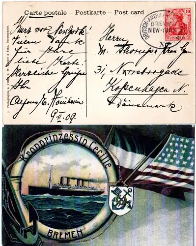 DR 1909, Deutsch-Amerikanische Seepost Bremen New-York X auf Karte m. 10 Pf.