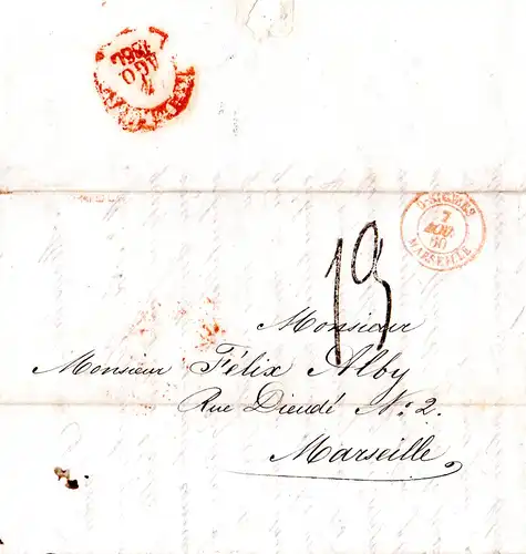 Neapel Italien 1860, roter K2 D-SICILES Marseille auf Schiffsbrief v. Napoli
