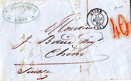 Schweiz 1865, roter Portostpl. "40" (gr. Type) auf Brief v. DIJON, Frankreich 