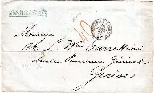 Schweiz 1863, roter Portostpl. "40" auf Frankreich Brief m. Bahnpost v. Bordeaux